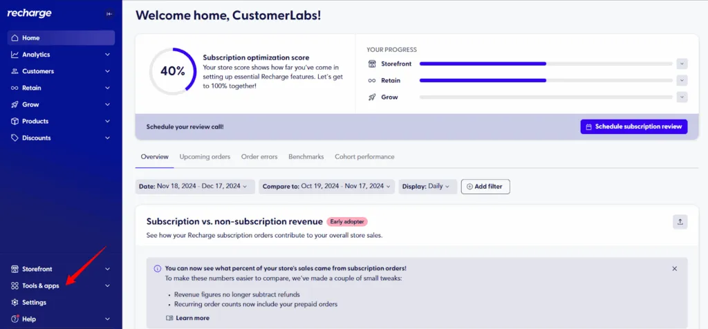 Recharge dashboard overview – “Recharge dashboard displaying subscription optimization score, storefront and retention progress bars, and subscription revenue comparison section.”