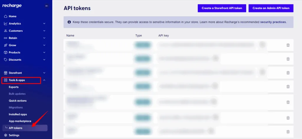Navigate to API tokens – “Recharge admin panel showing Tools & Apps section highlighted, with API tokens submenu selected.”