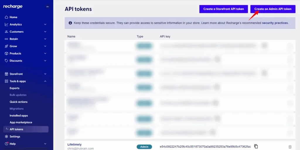 Create Admin API token button – “Recharge API tokens page showing blurred list of existing tokens and an arrow pointing to the ‘Create an Admin API token’ button.”