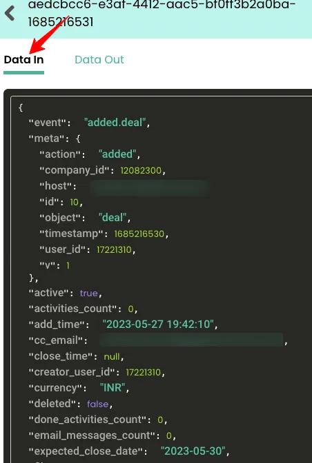 Data In Log Example – “CustomerLabs Data In Log displaying JSON payload with event details such as event type, metadata, company ID, timestamp, and currency.”