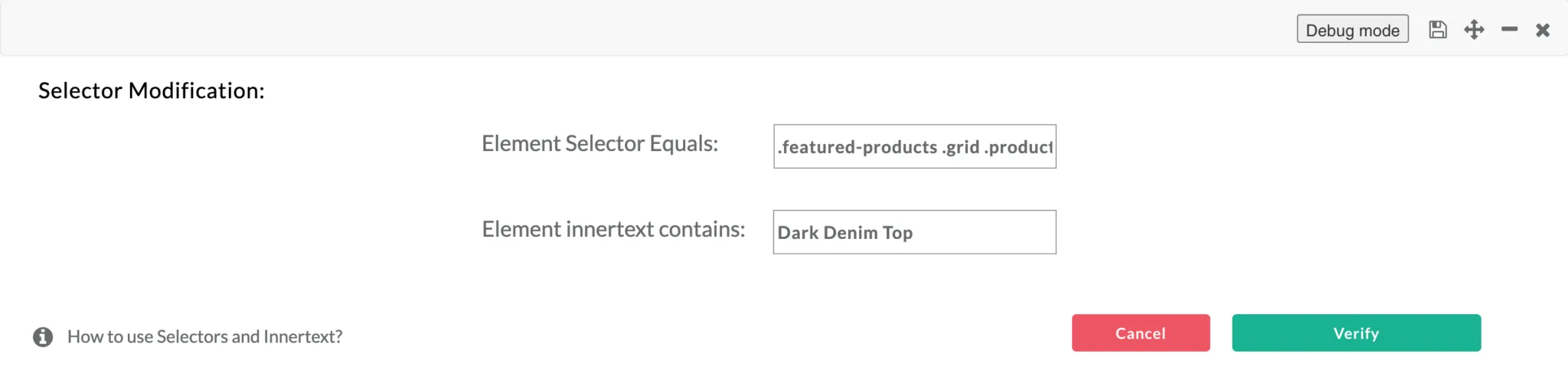 Selector and Inner text fields in the edit panel