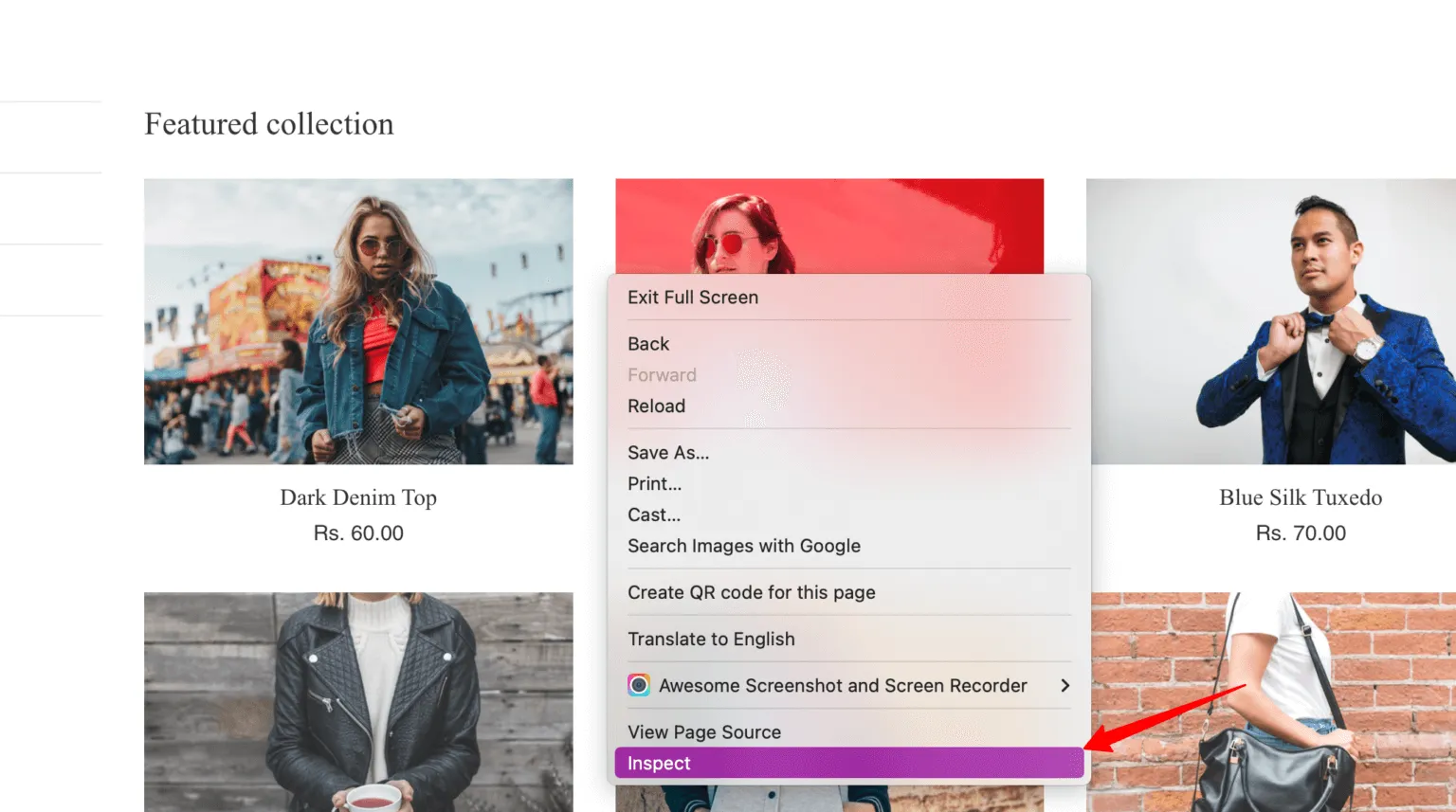 Inspect option in the browser right-click menu