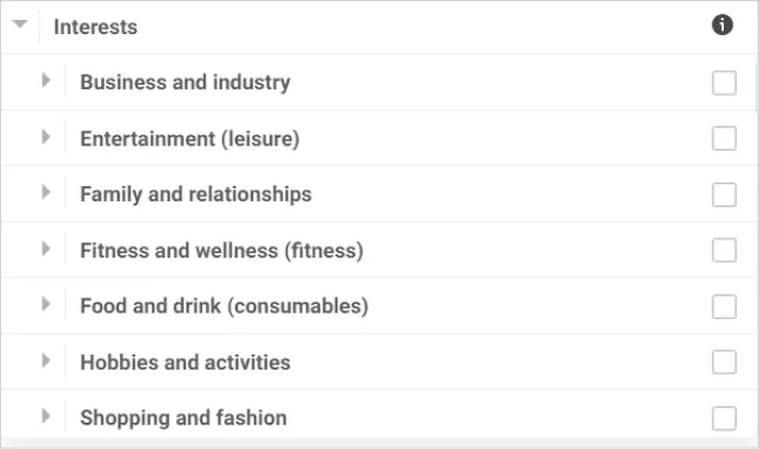 Screenshot of Interests targeting options with which marketers can make use of. This helps you target your audience in the right way on Facebook Ads based on different interest a user posses. 