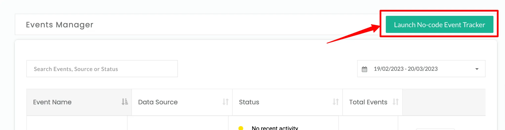Launch No-Code Event Tracker button on Events Manager