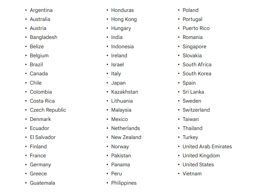 Regions where Google Ads Lead Forms can be used