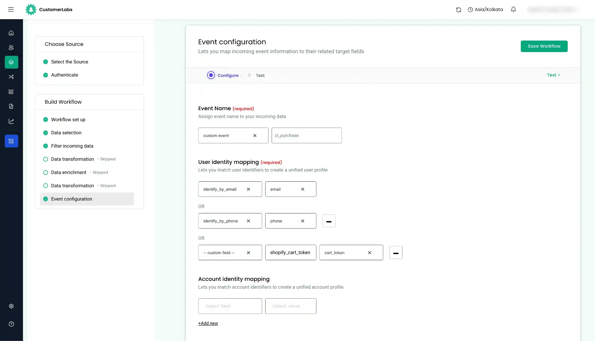 CustomerLabs workflow with identity mapping and event properties for the Shopify purchase event