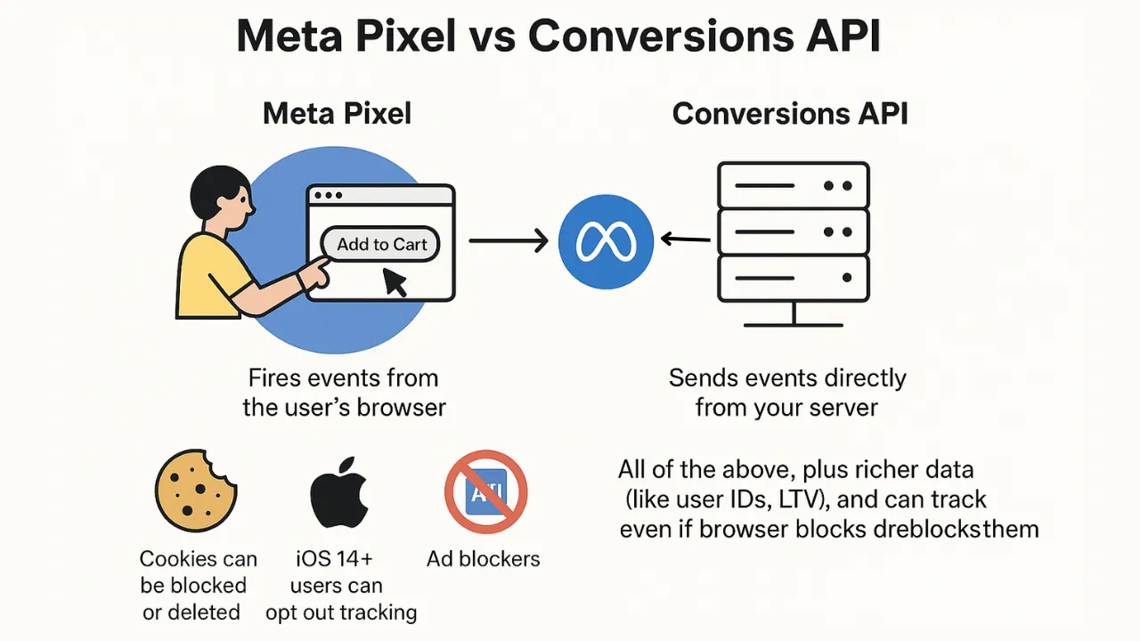 This illustration talks about Meta Pixel vs Conversion API. it contains cookies, apple iOS 14+, Ad blockers
