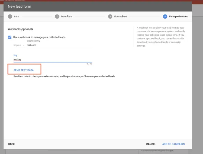 New lead form – send test data