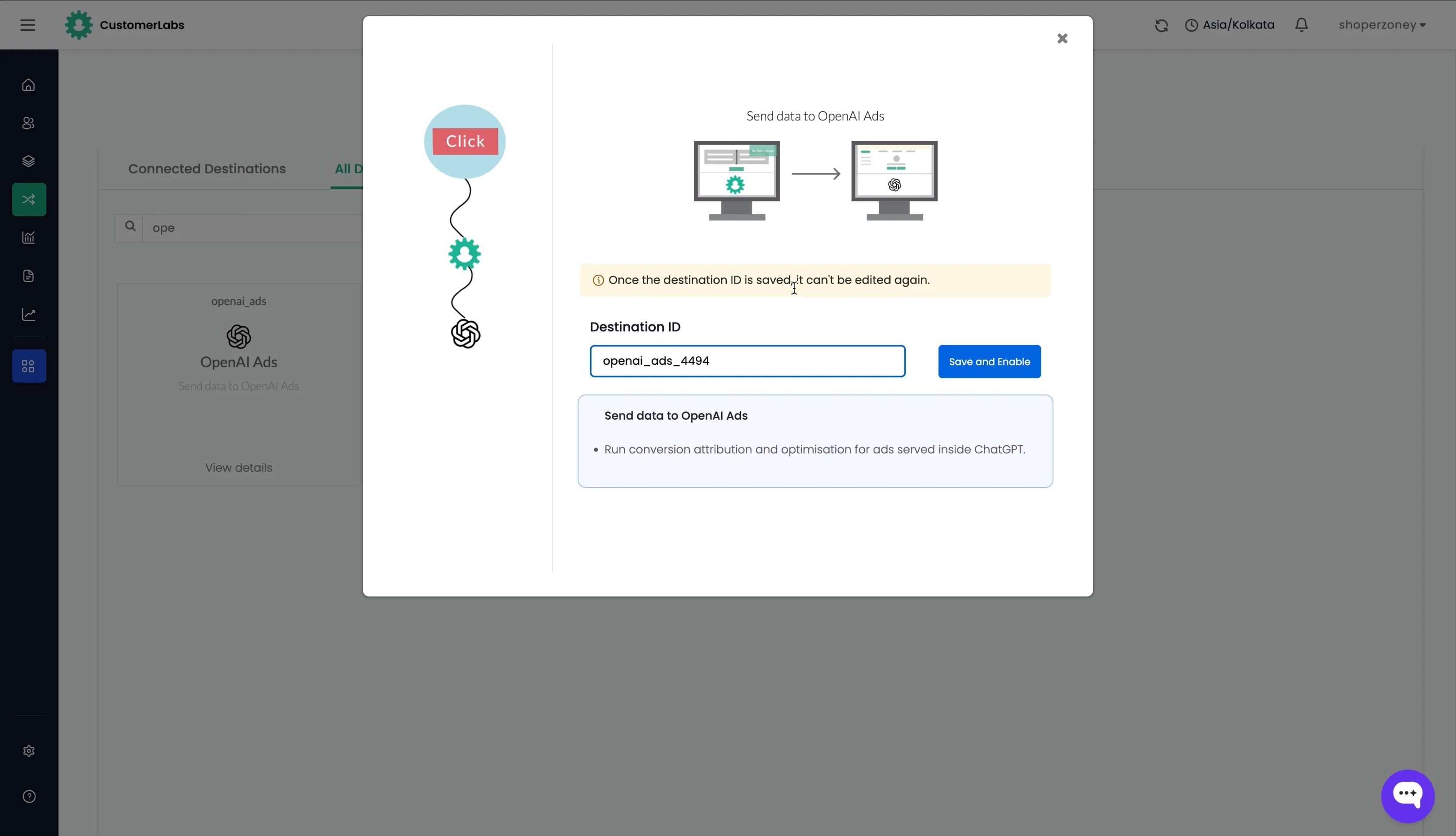 Destination ID field with Save and Enable button