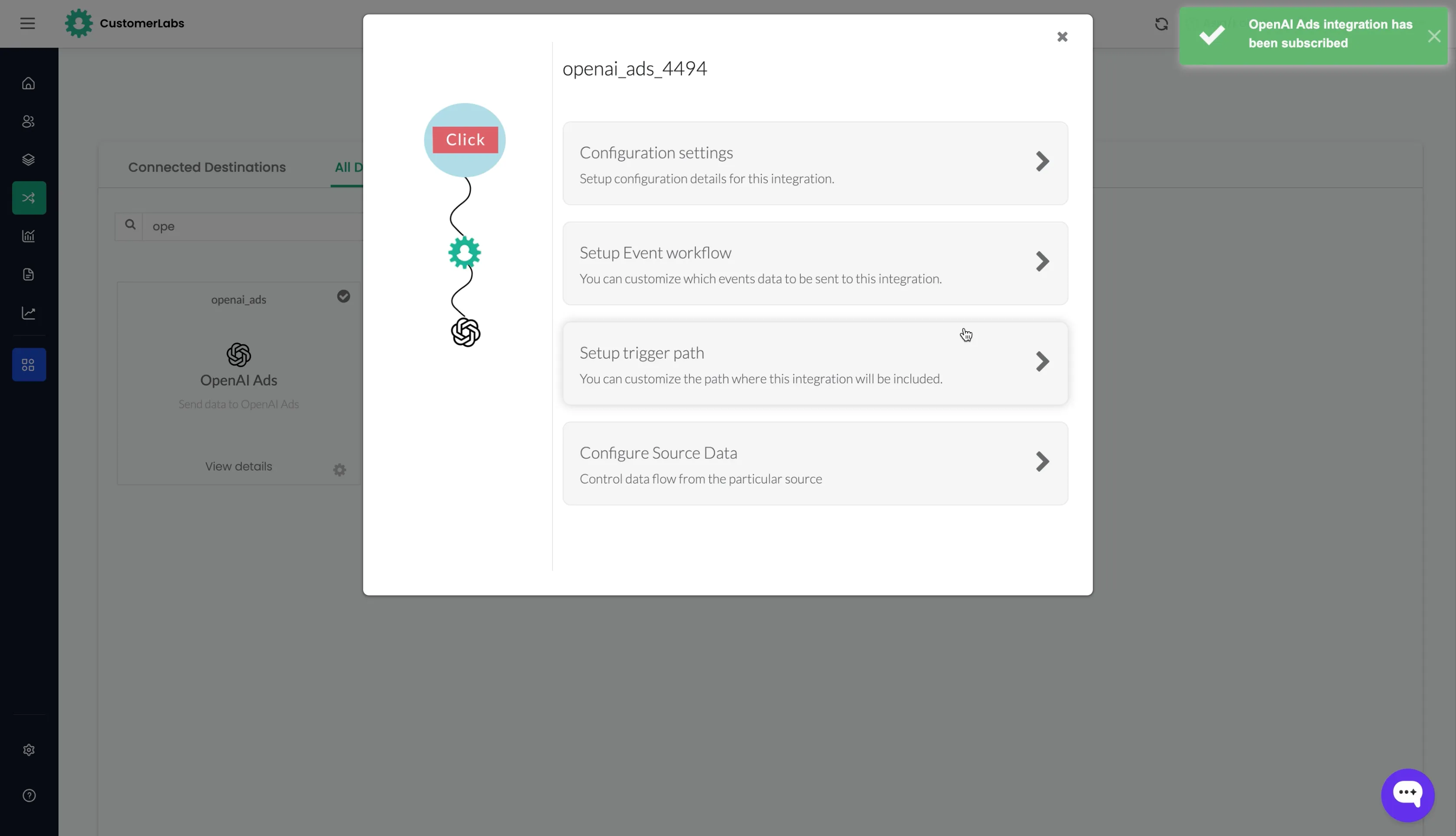 OpenAI Ads destination detail screen with configuration options