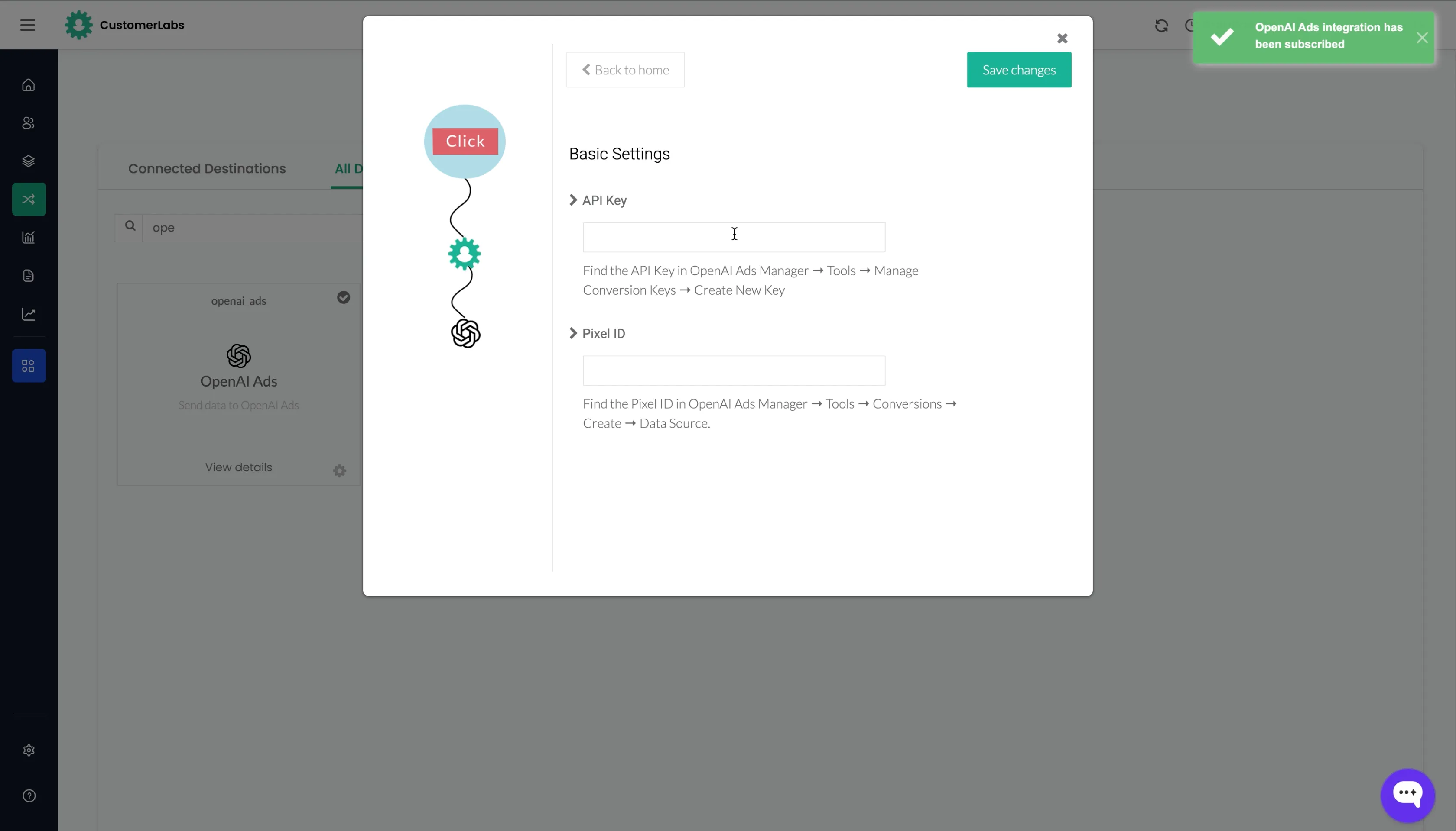 Basic Settings with API Key and Pixel ID fields