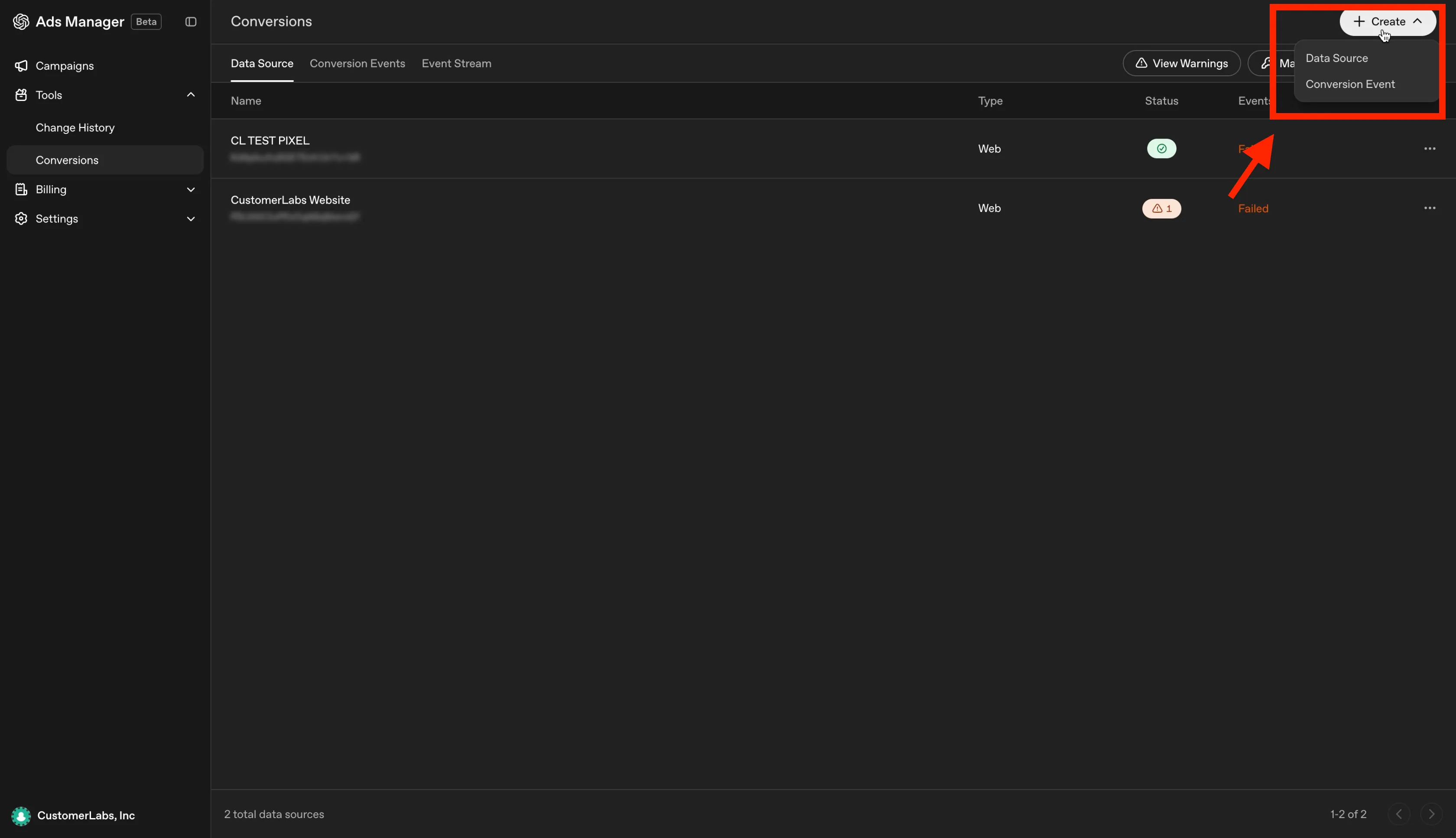 Create menu with Data Source and Conversion Event options in OpenAI Ads Manager