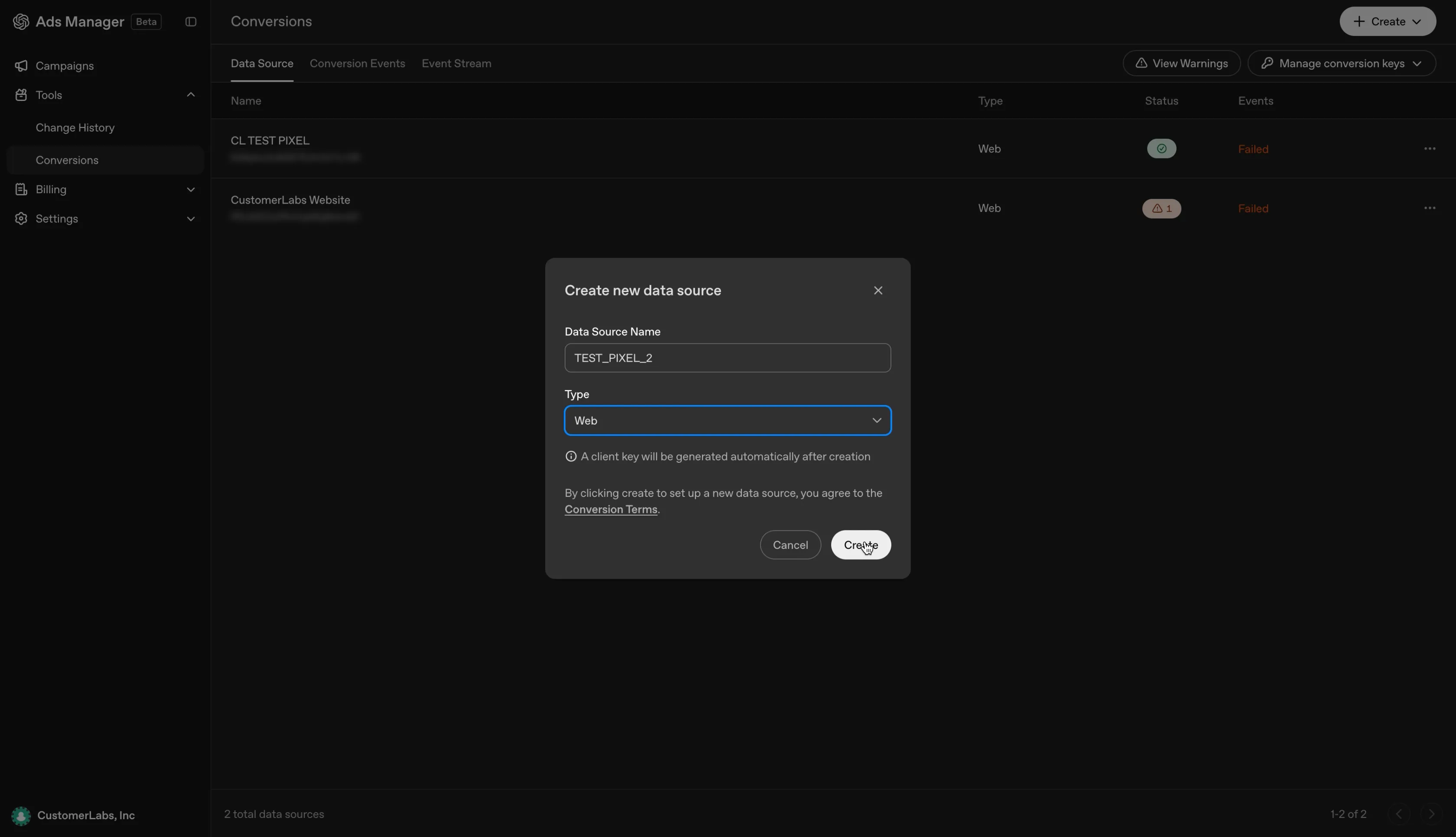 Create new data source dialog with name and type fields