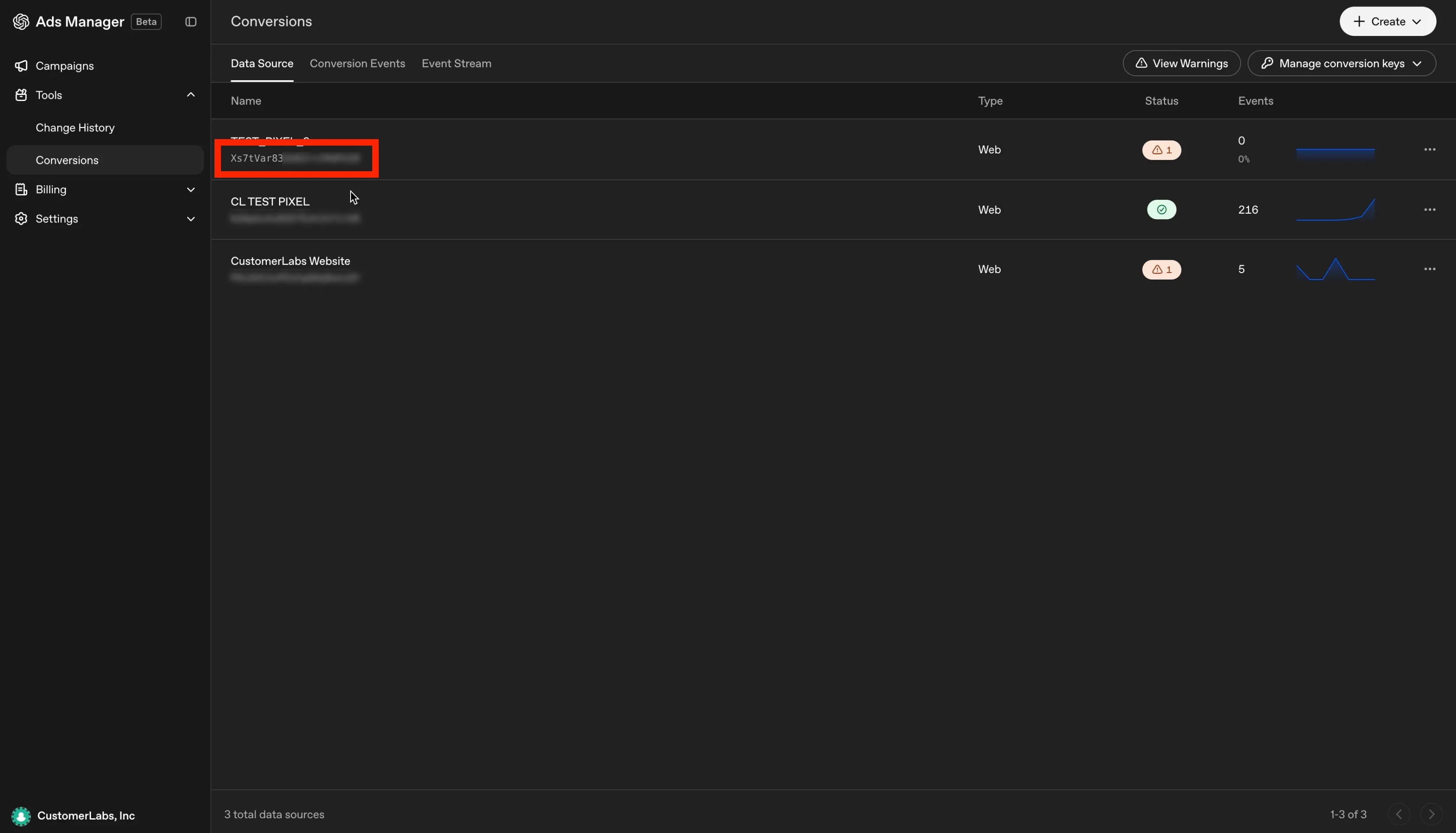 Data source list showing the Pixel ID under the data source name