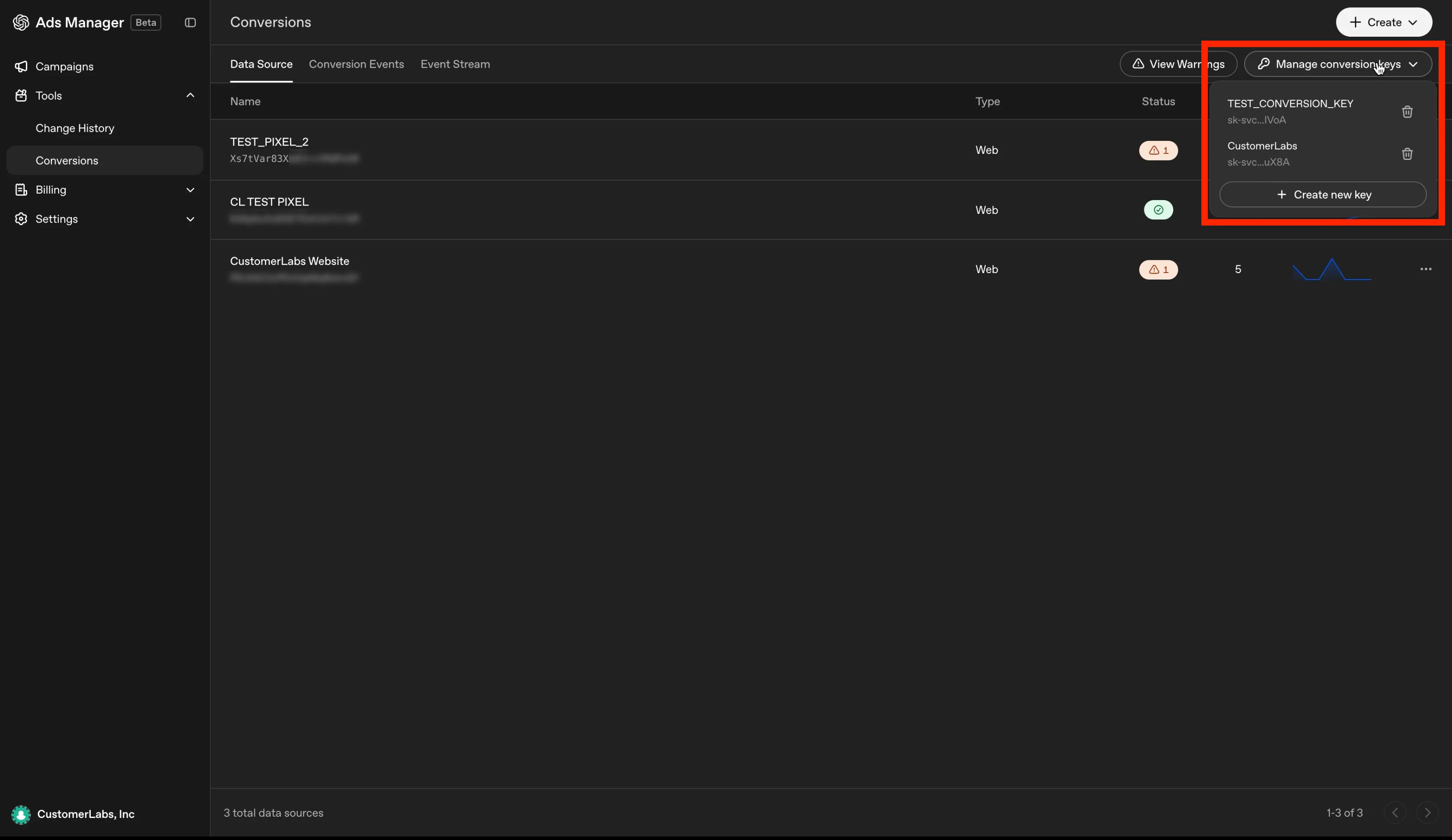 Manage conversion keys dropdown with Create new key option