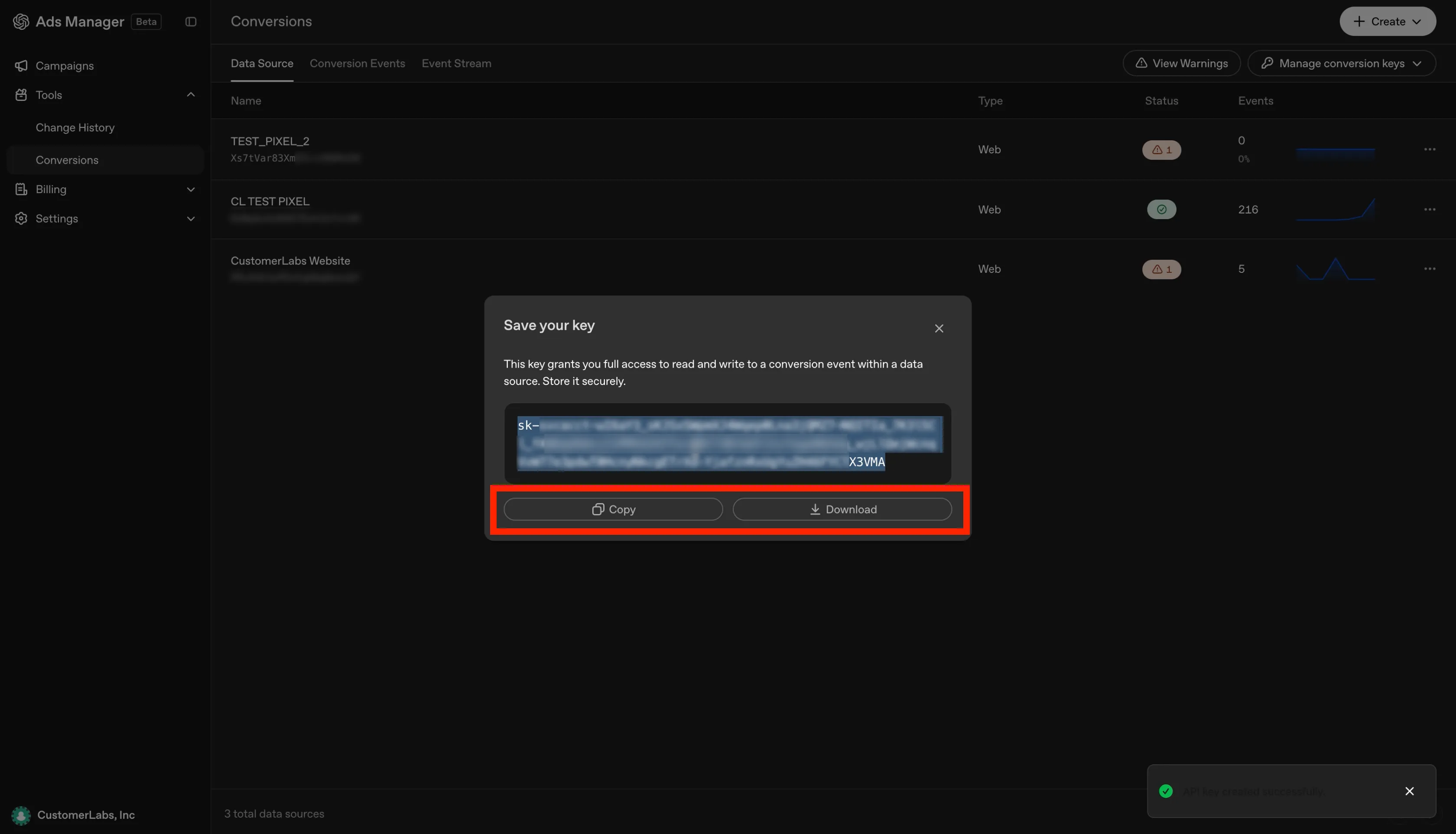 Save your key dialog showing the conversion key with Copy and Download options