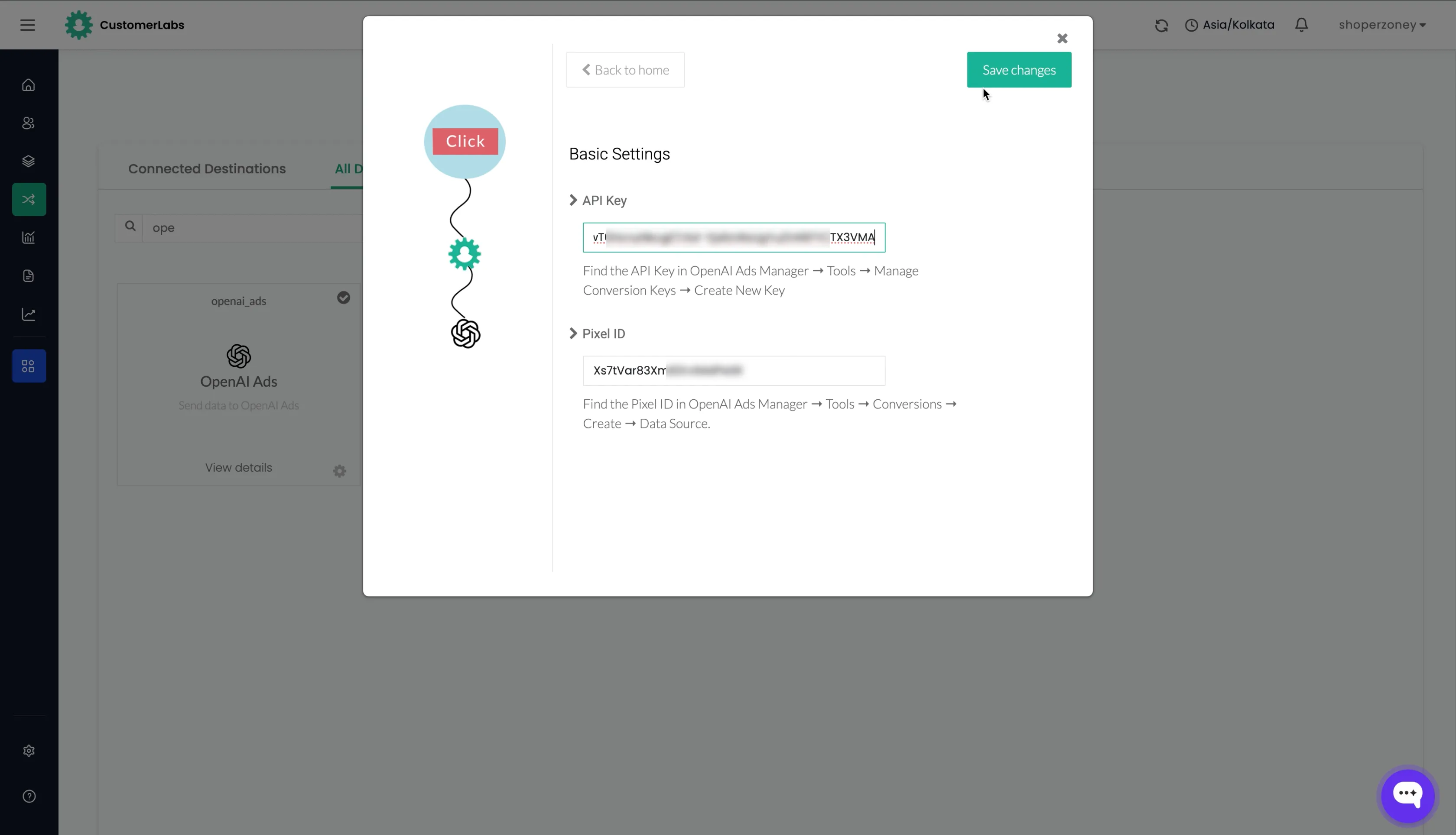 Basic Settings with API Key and Pixel ID filled in, Save changes button