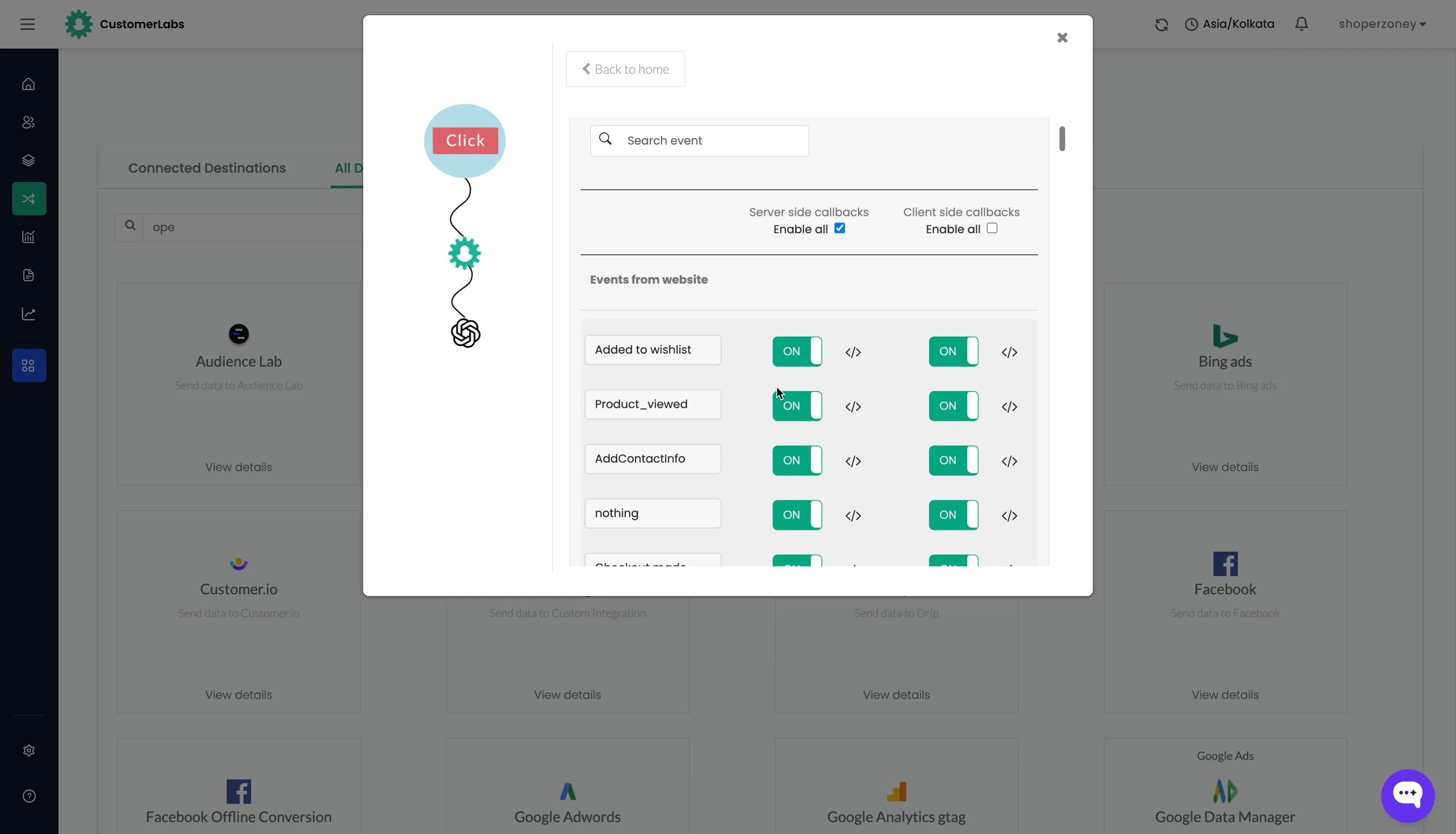 Event workflow with server side and client side callback toggles per event