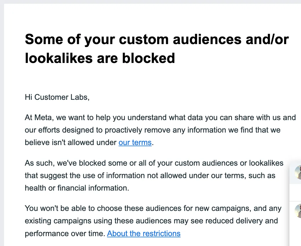 The image shows a meta ad account, where the custom audiences are blocked by Meta as a result of the Meta's data privacy restrictions