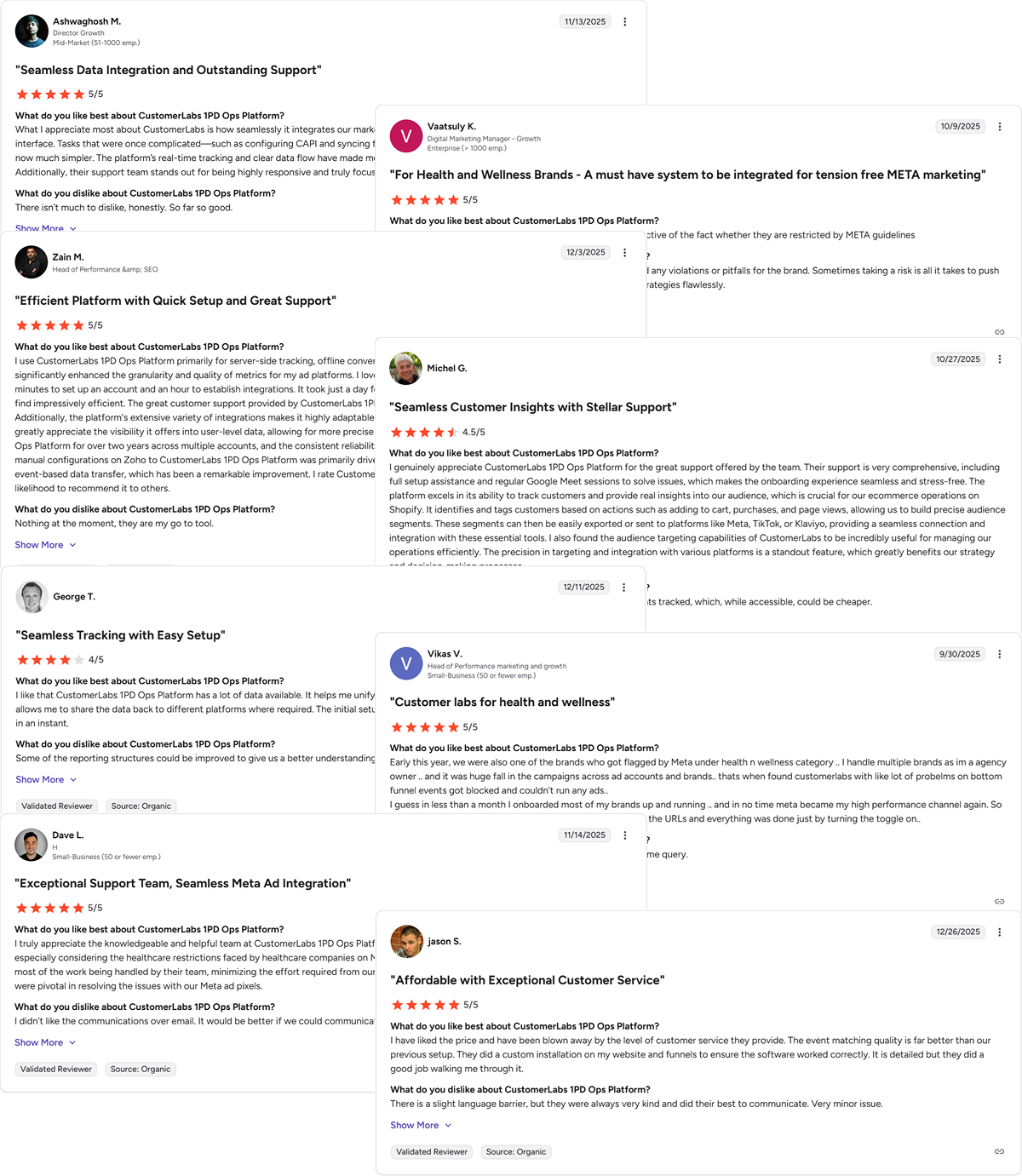 Authentic G2 reviews from CustomerLabs customers showing 5-star ratings and detailed testimonials about seamless data integration, quick setup, and outstanding support