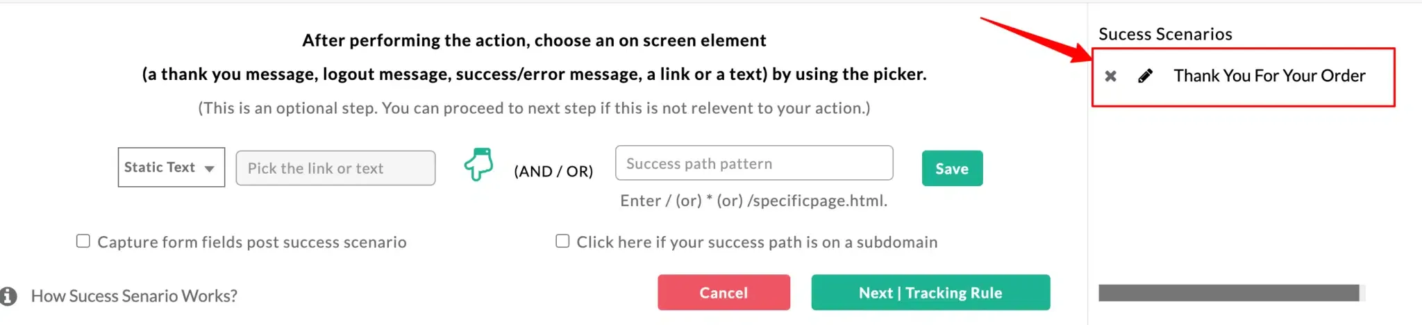 Saved success scenario panel