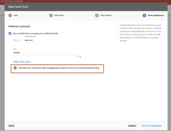 Send test data in webhook