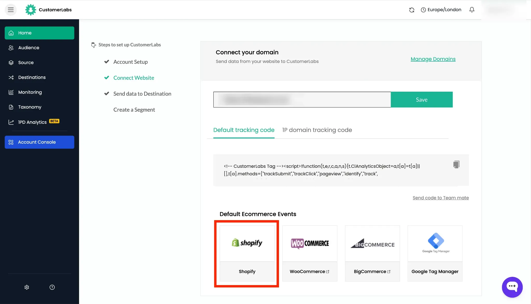 CustomerLabs Default Ecommerce Events screen with Shopify Add Domain step highlighted