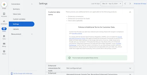 A screenshot from the Google Ad interface displaying Customer data terms