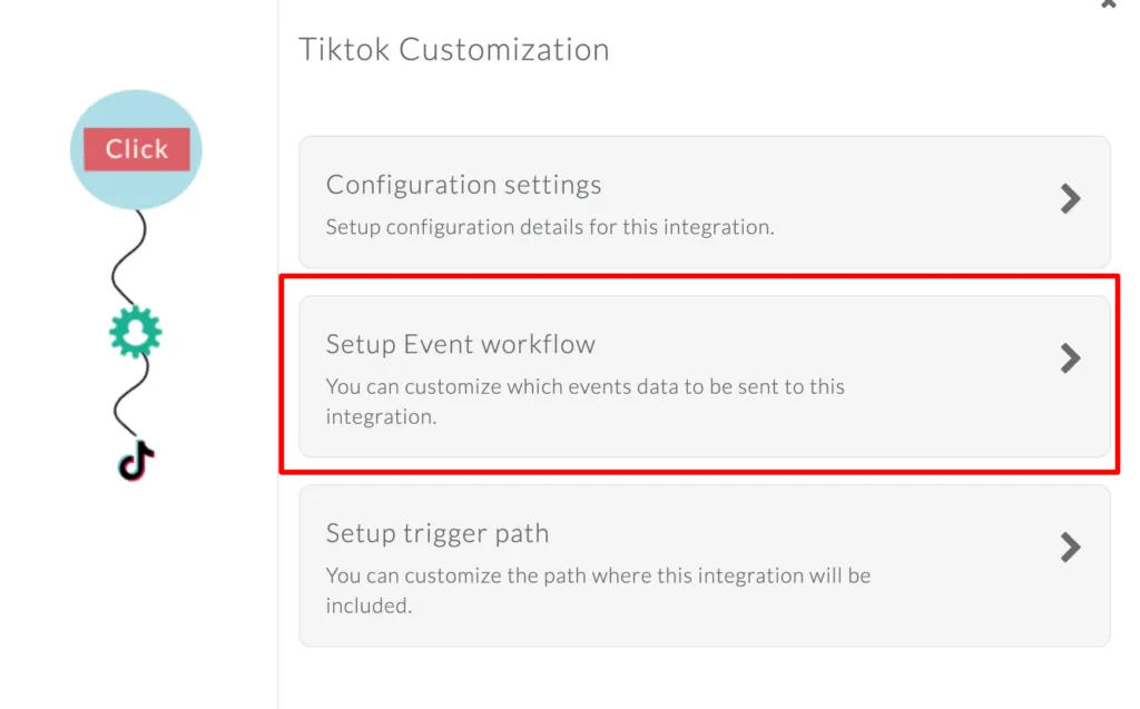 "Menu showing TikTok Customization options such as Configuration settings and Setup Event workflow. The Setup Event workflow option is highlighted."