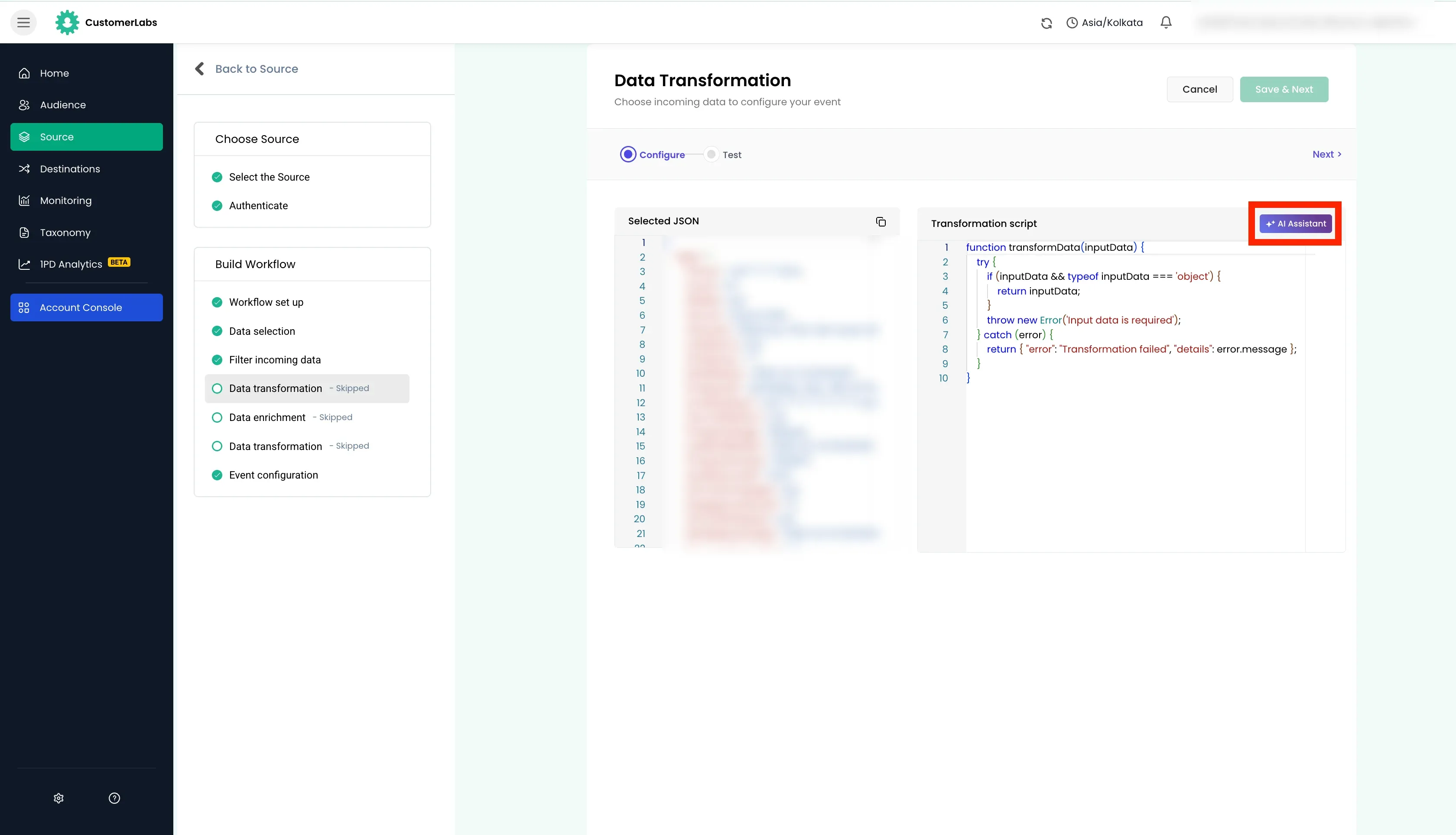 CustomerLabs workflow transformation step