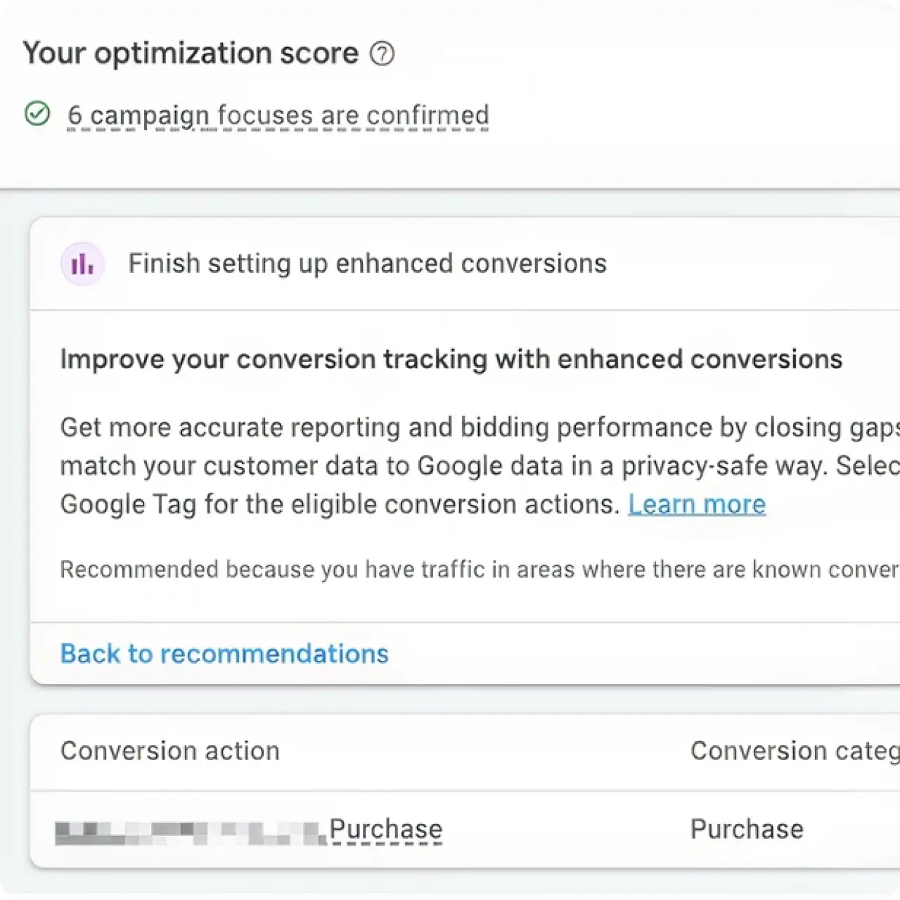 Mobile view of the Google Ads enhanced conversions setup dashboard.