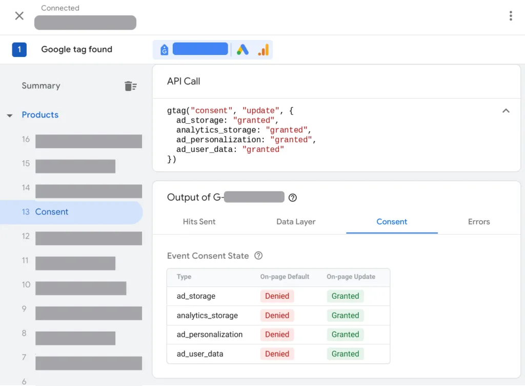 The image shows a screenshot of how to verify if the consent mode is implemented. You can check this through the Tag Manager Assistant.
