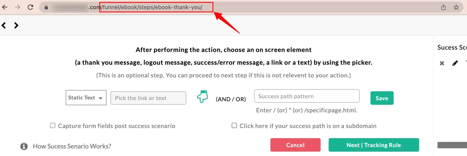 Pasting the URL path of the success page