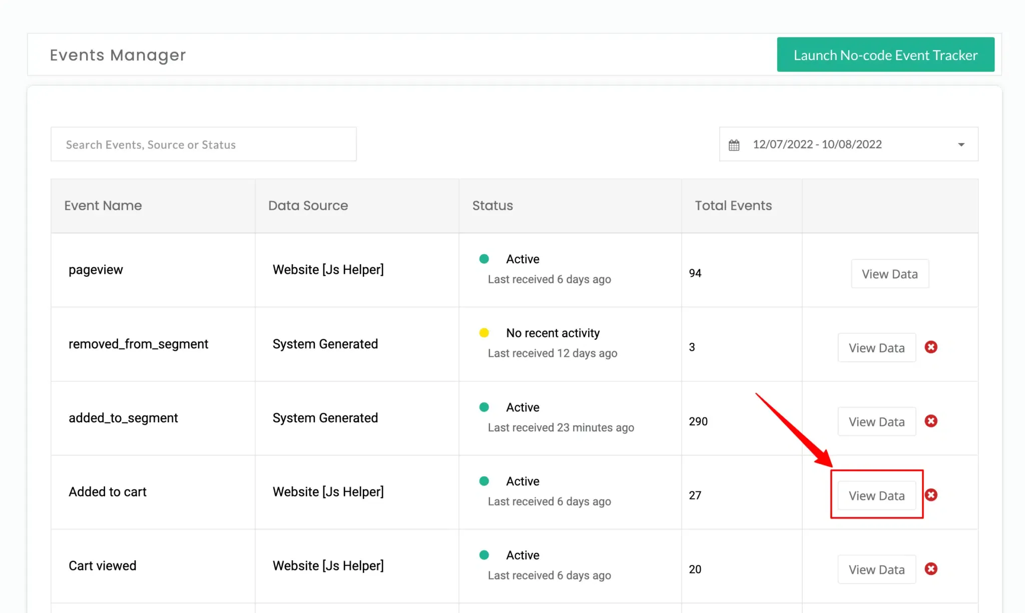 View data action on an event row