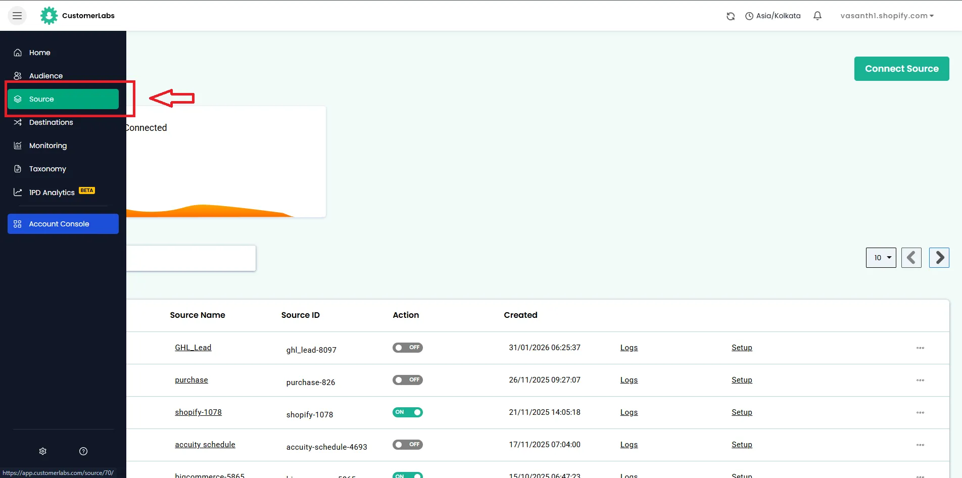 Sources tab in the CustomerLabs left navigation menu