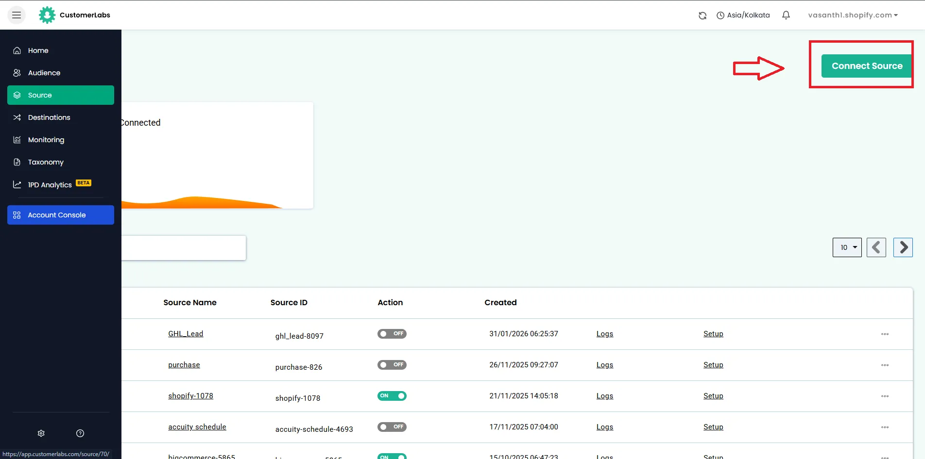 Connect Source button in the Sources page