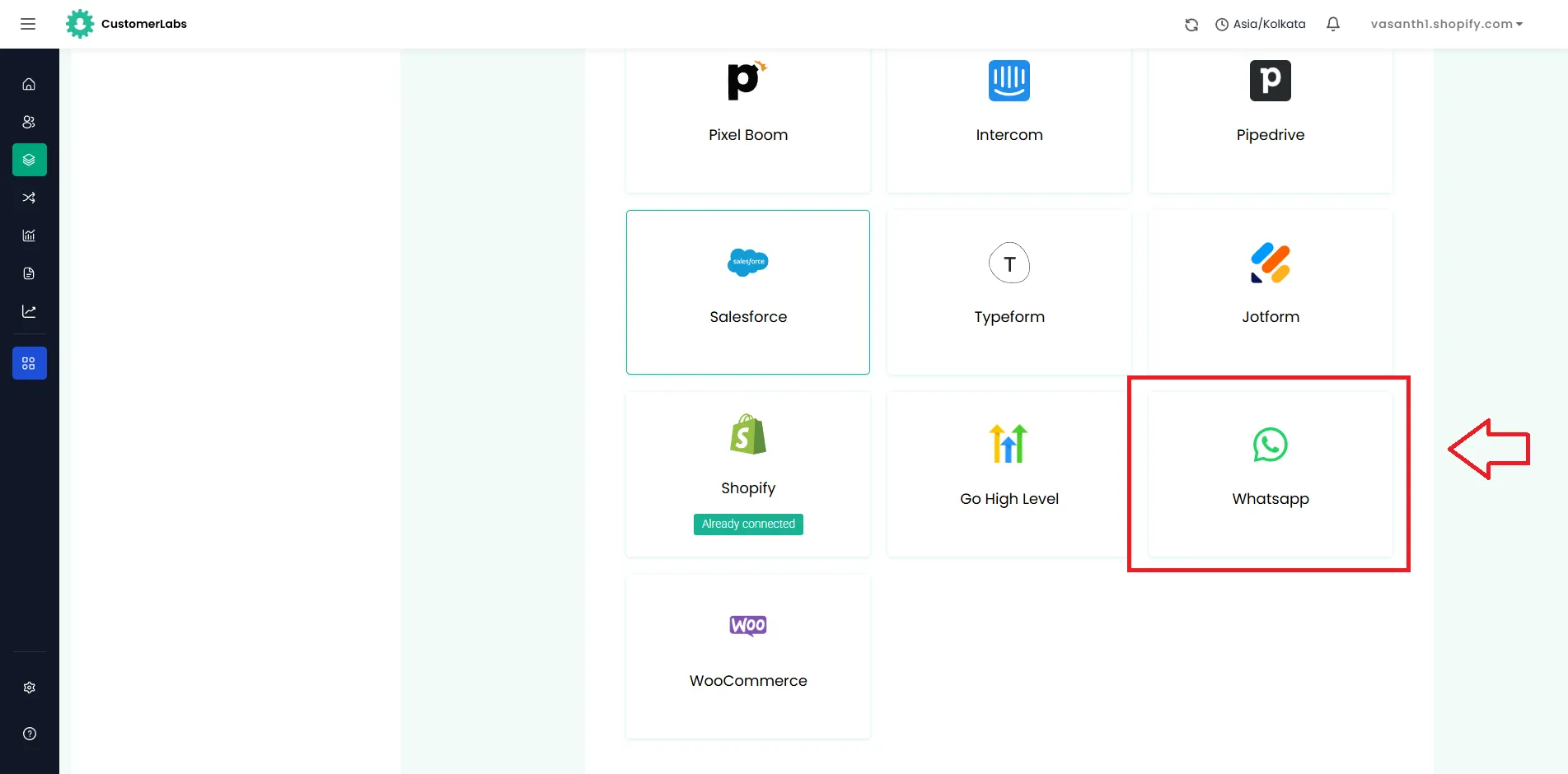 WhatsApp option in the list of available sources