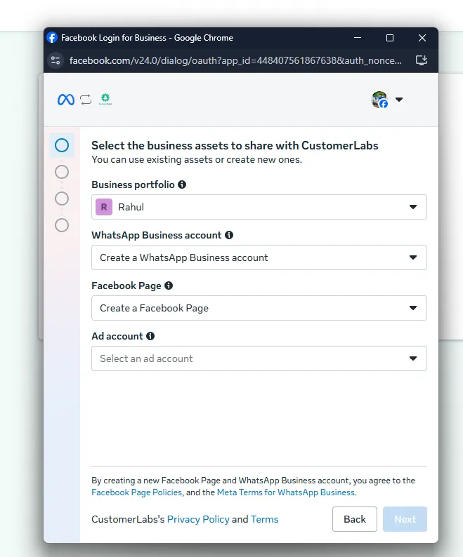 Authentication screen with Business Portfolio, WhatsApp Business Account, Facebook Page, and Ad Account fields