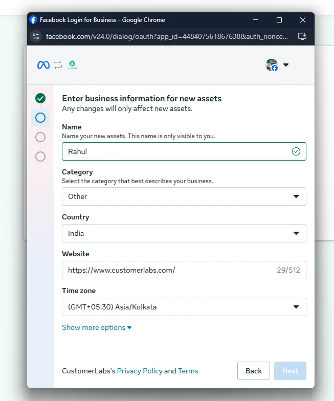 Identity selection screen before sending WhatsApp messages