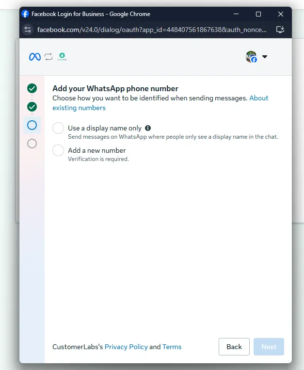 Review Details screen showing the selected WhatsApp Business configuration