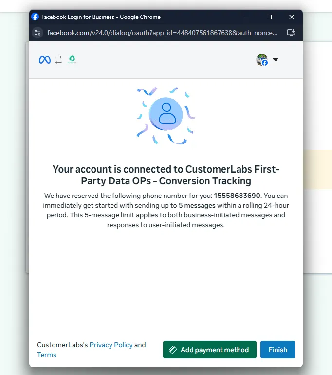 Phone Number ID and WhatsApp Business Account ID displayed in CustomerLabs