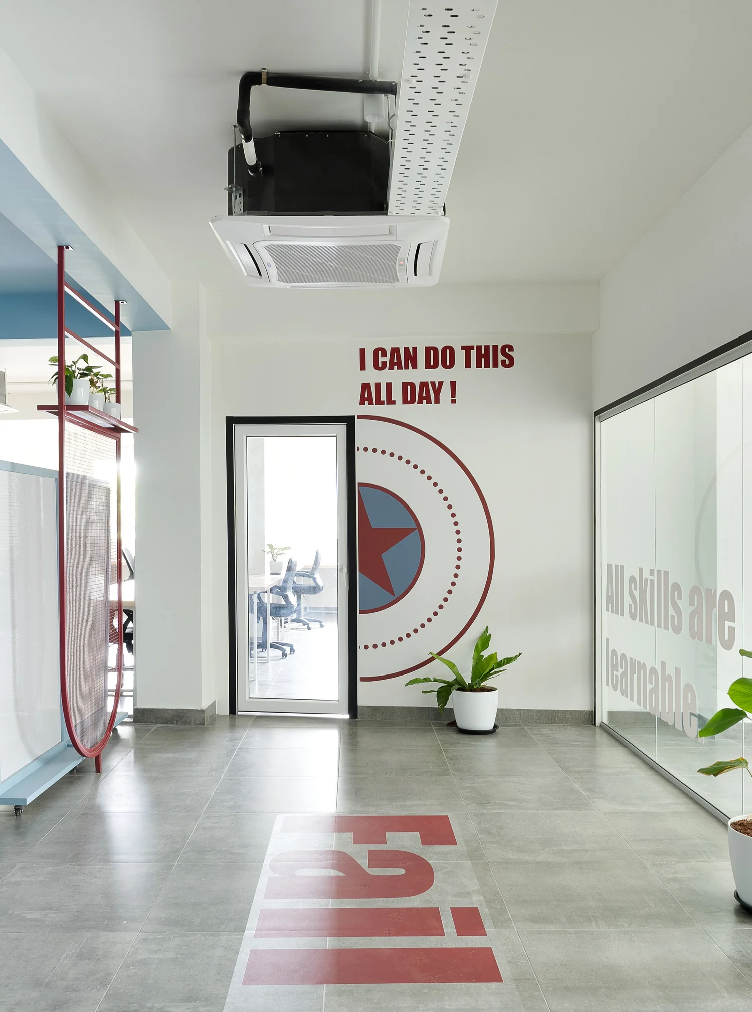 Focused work zone with colorful accent walls