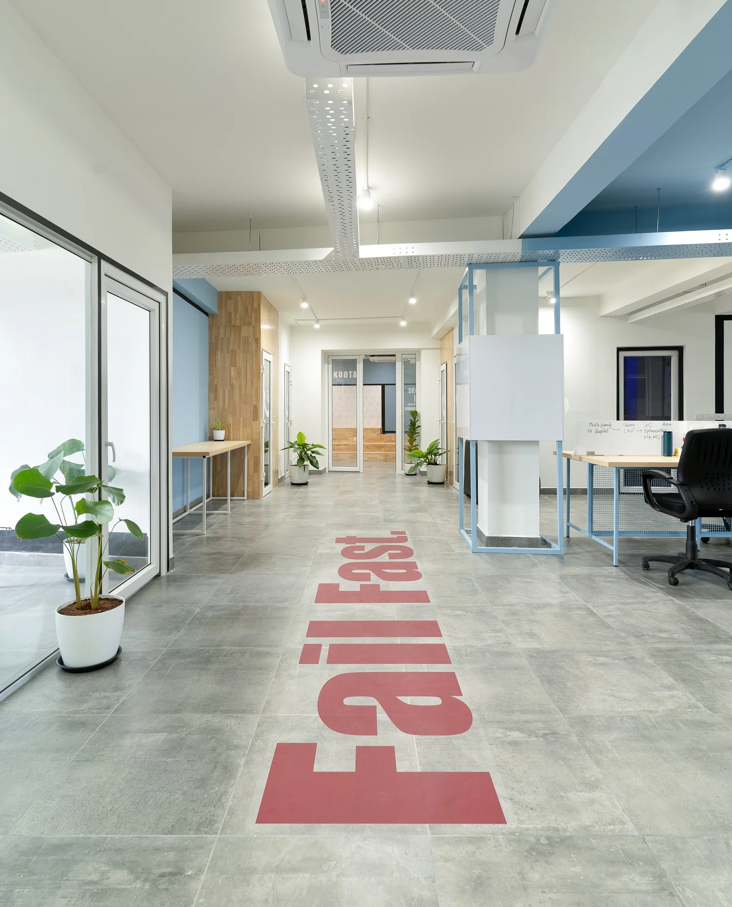 Focused work desks with colorful partitions